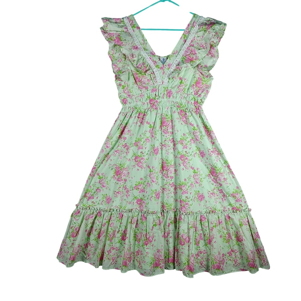 Simply Shabby Chic Floral Dress Size Large Green Pink Ruffle Lace Cottage